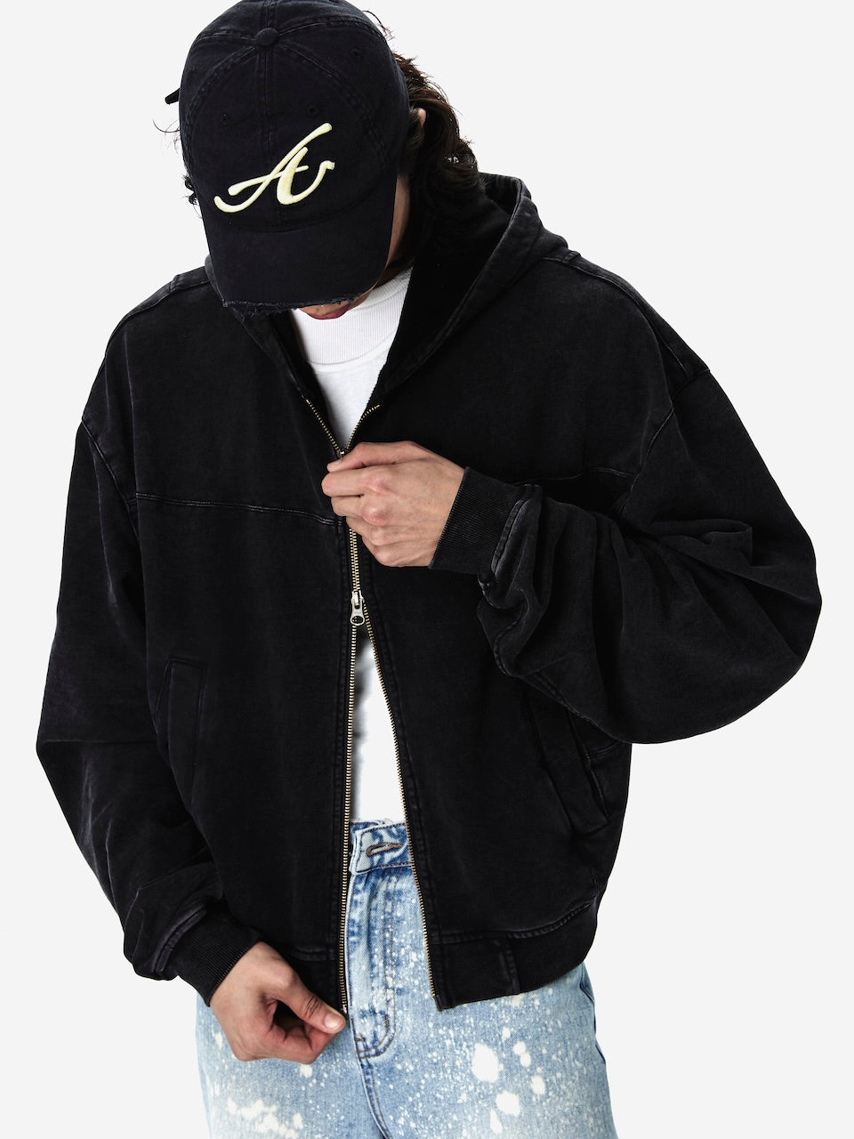 WASHED HOODIE ZIPPER JACKET BLACK