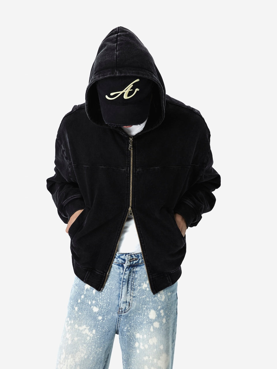 WASHED HOODIE ZIPPER JACKET BLACK