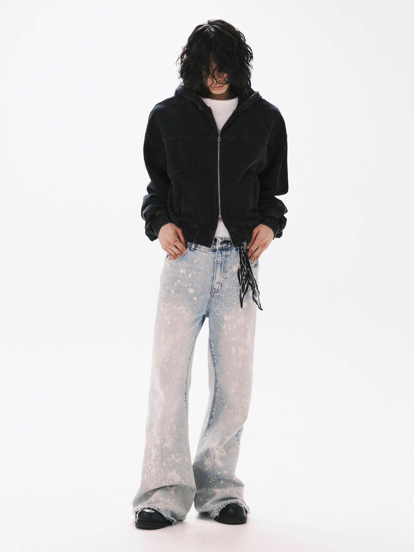 WASHED HOODIE ZIPPER JACKET BLACK