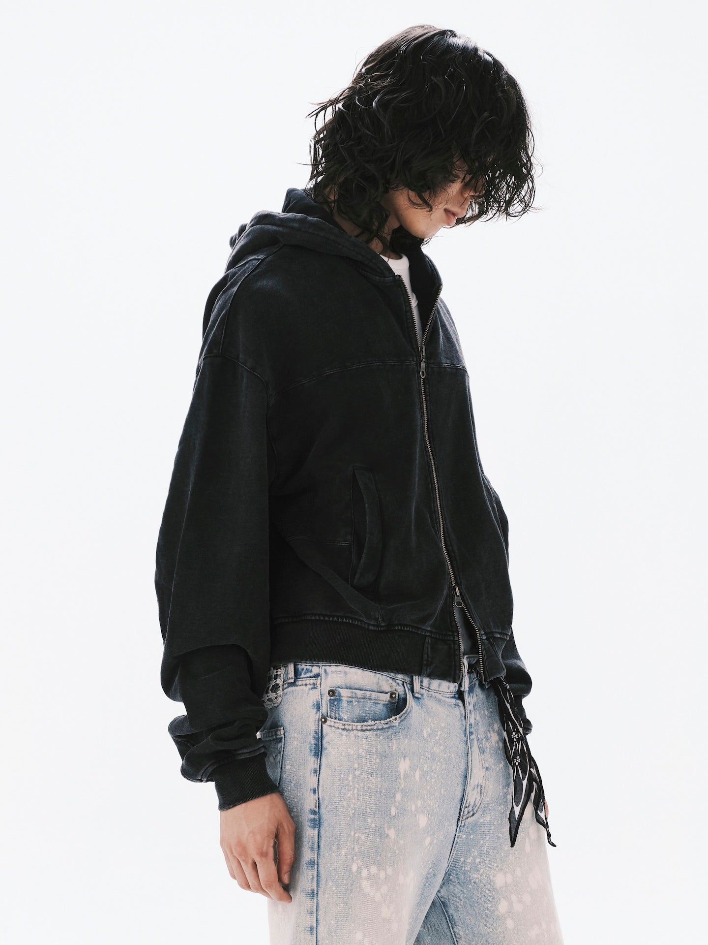 WASHED HOODIE ZIPPER JACKET BLACK