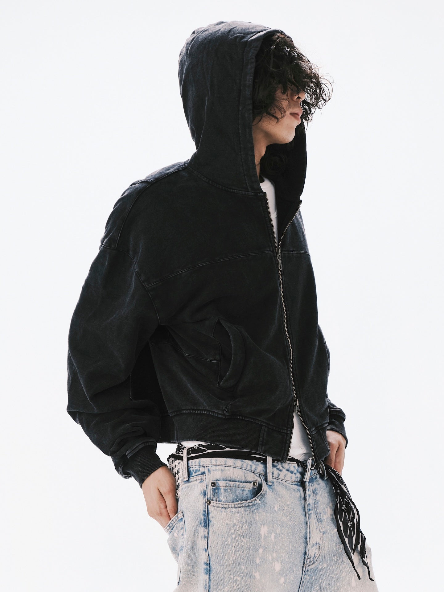 WASHED HOODIE ZIPPER JACKET BLACK