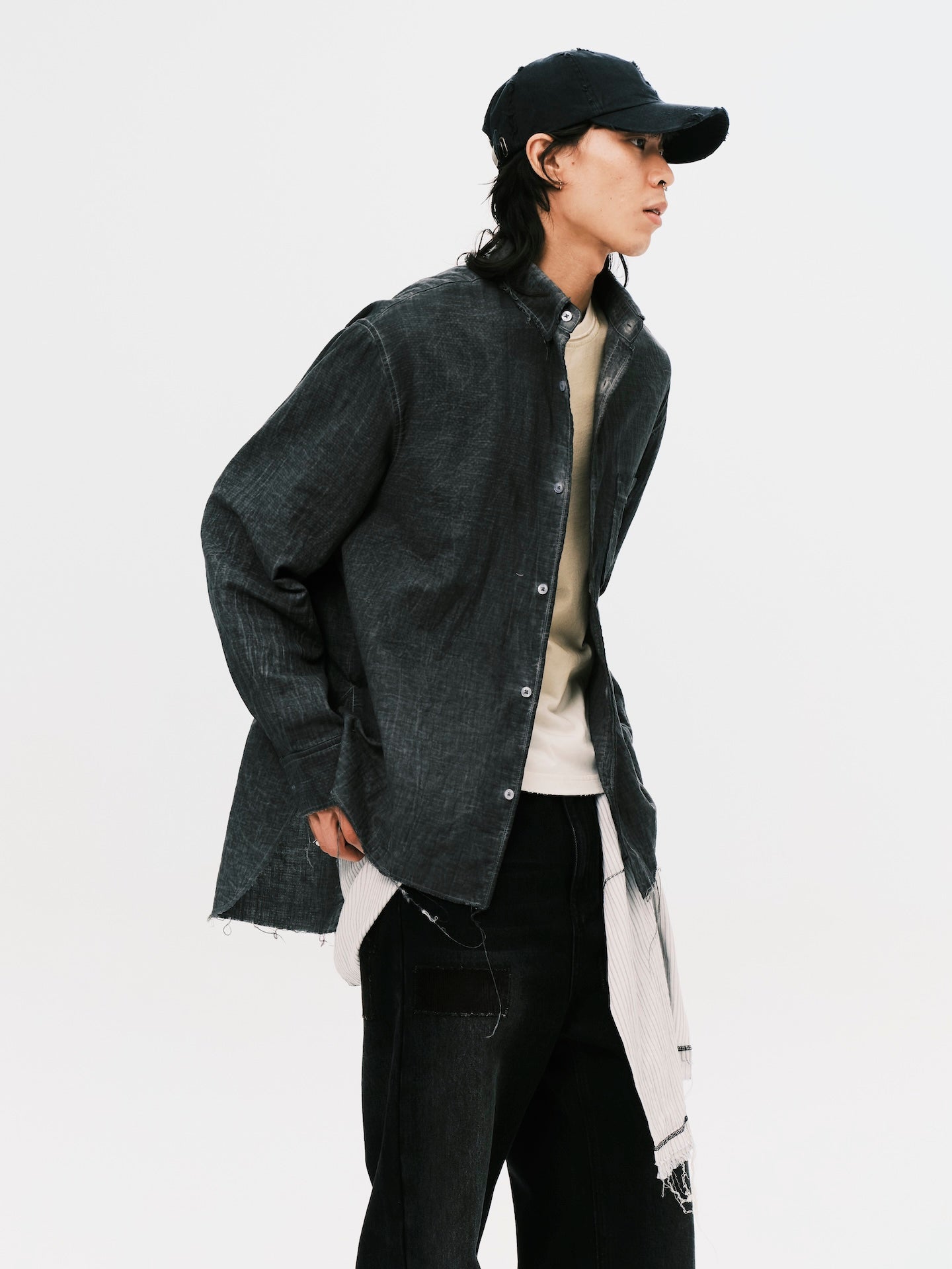 WASHED RAW EDGE SHIRT DARK GREY