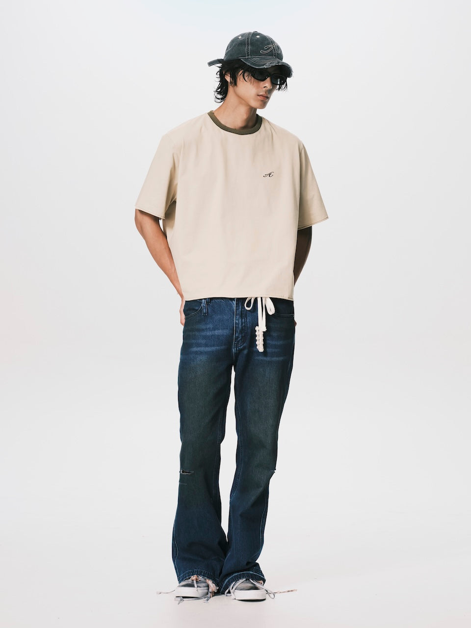 CONTRAST COLLAR CROPPED TEE BEIGE