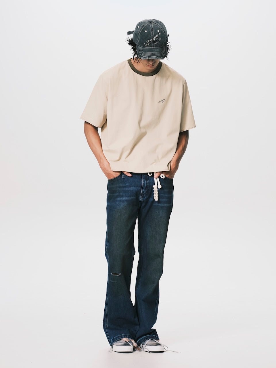 CONTRAST COLLAR CROPPED TEE BEIGE