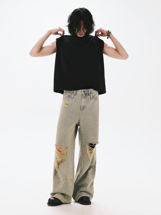 寬鬆破壞牛仔褲 土黃色