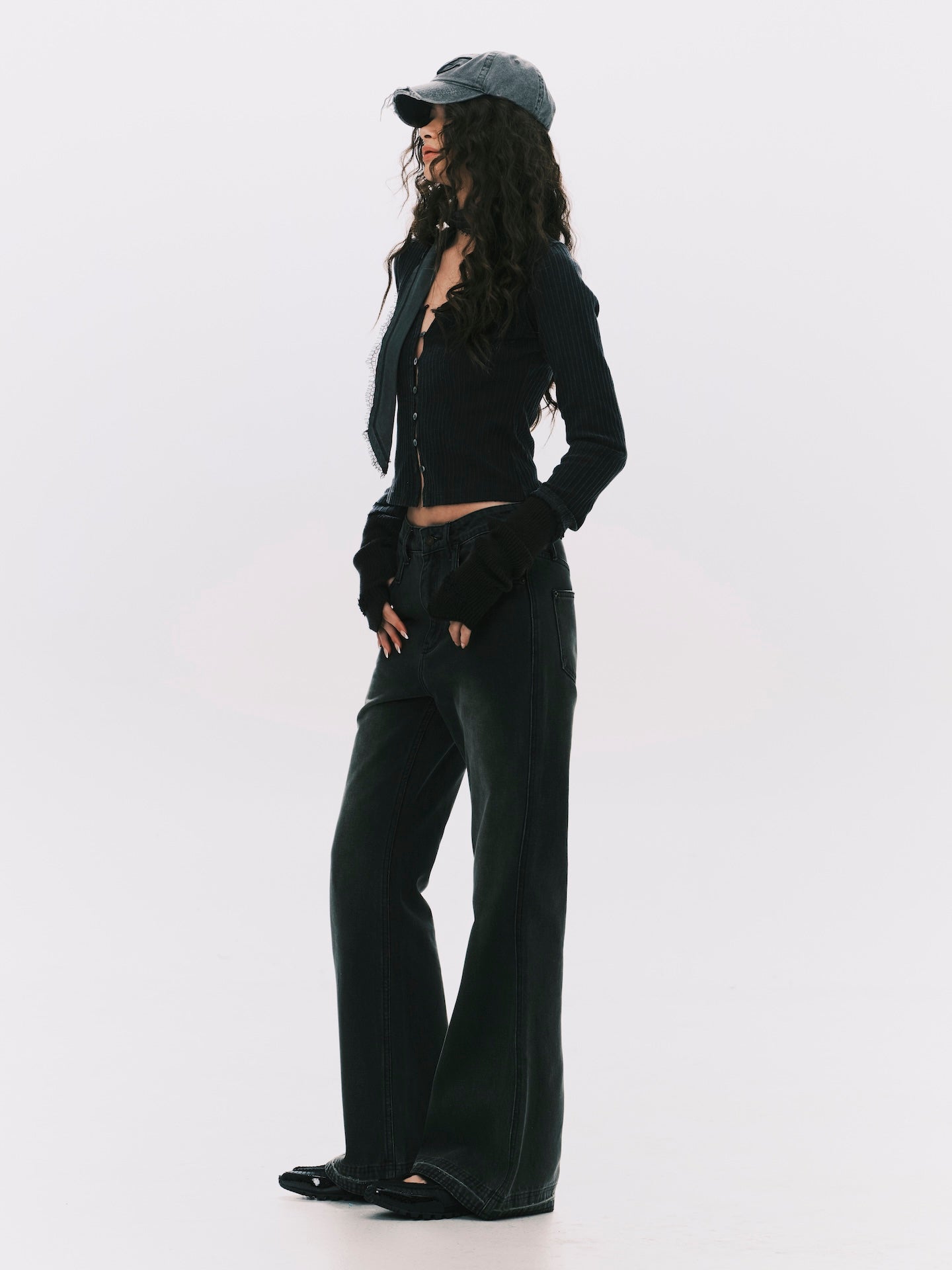 WASHED STRIPE CARDIGAN BLACK (WOMEN)