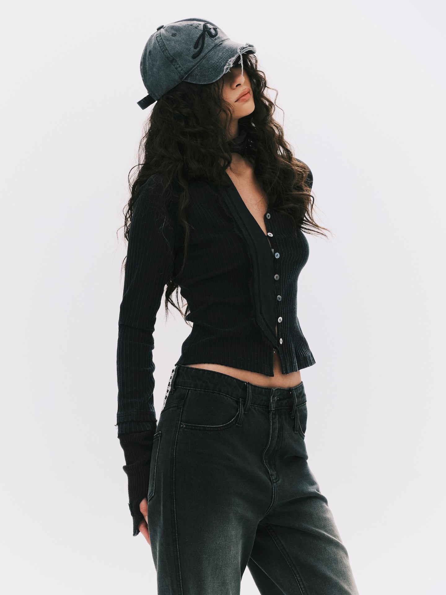 WASHED STRIPE CARDIGAN BLACK (WOMEN)