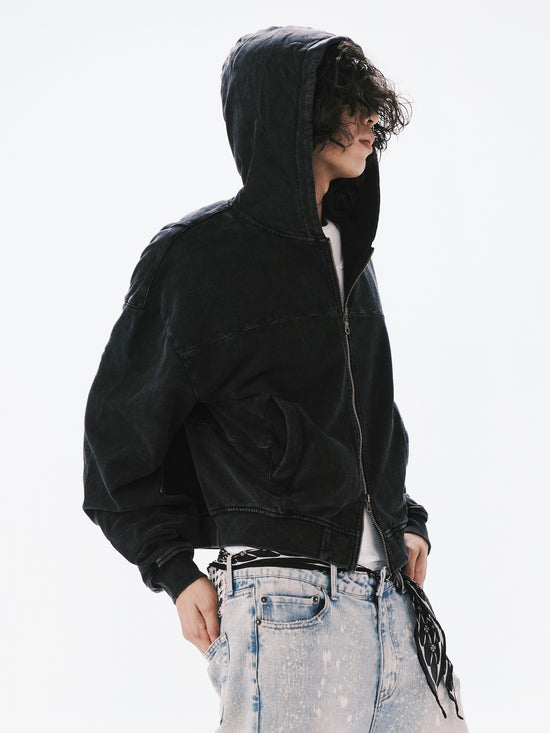 WASHED HOODIE ZIPPER JACKET BLACK